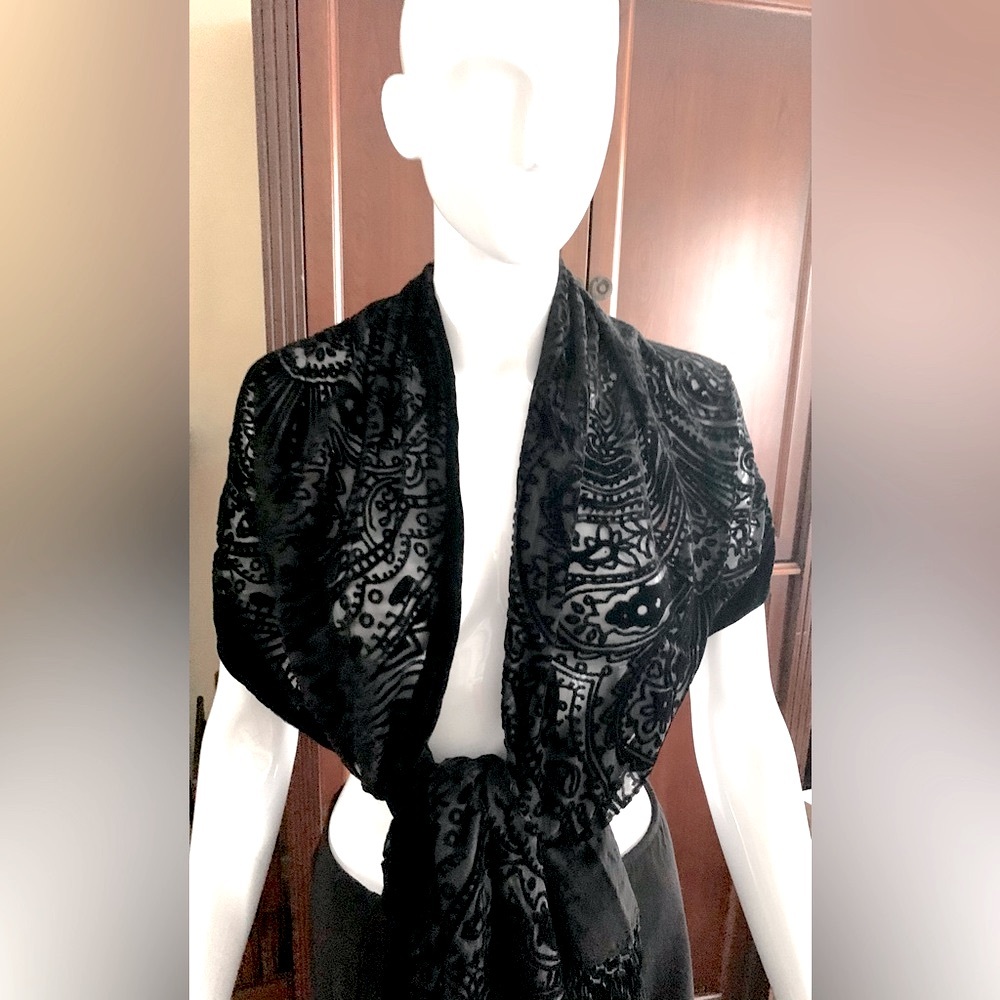 Black Rectangular Shawl Long Wrap Scarf Black She… - image 1